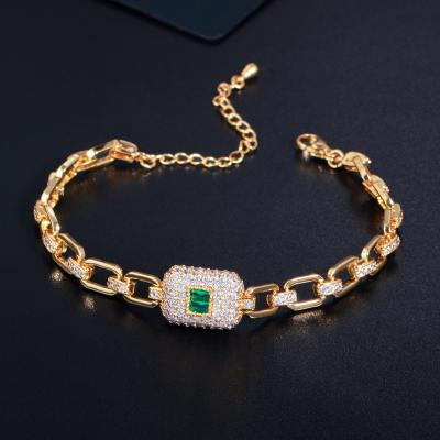 China Sparkle Delicate 18k Yellow Gold Plated Green Zircon Bracelets For Women Trendy Cuban Link Chain Jewelry Accessories for sale