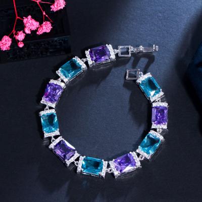 China Sparkling Blue Zircon Crystal Big Luxury Tennis Rectangle Purple Bracelets For Women White Gold Plated Party Jewelry for sale