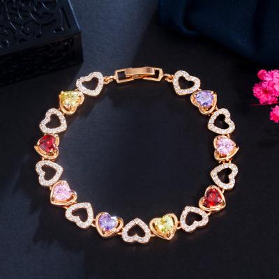 China Love Glitter Heart Shape Zircon Multicolor Tennis Chain Bracelet For Women Cute Romantic Gold Plated Party Jewelry Gift for sale