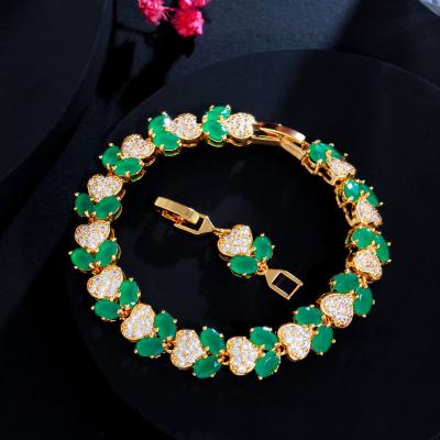 China Luxury Chic Heart Charm Green Zircon Stone Glitter Leaf Shape Tennis Bracelets For Women Brazilian Gold Plated 18k Jewelry for sale