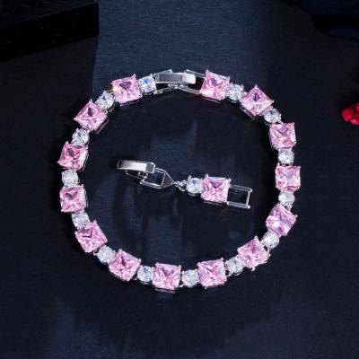 China Gorgeous Square Tennis Cubic Zirconia Pink Glitter Chain Bracelet For Women Luxury Silver Plated Wedding Party Jewelry Accessories for sale