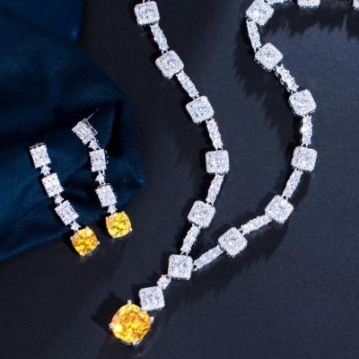 China Classic Sparkle Square Cut Yellow Nigerian Bridal CZ Zircon Stone Wedding Jewelry Sets Necklace Earrings for sale