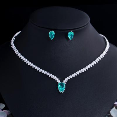 China Large Elegant Light Green Sparkle CZ Crystal Necklace Water Drop And Earrings Women Engagement Party Costume Jewelry Sets for sale