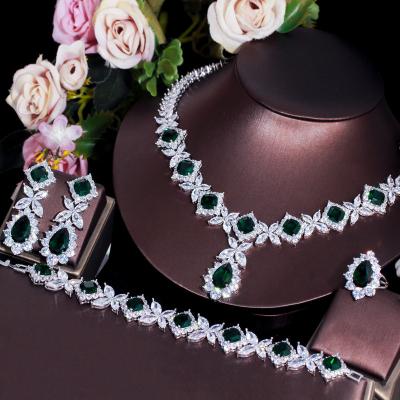 China 4 Pcs Flower Drop Emerald Green Big Cubic Zircon Dubai Women Party Sparkle Costume Jewelry Sets For Wedding Luxury Brides for sale