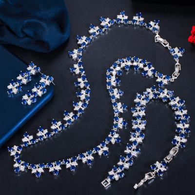 China Quality Sparkly Blue Copper Zircon Wedding Flower Bracelet Sparkle Earring And Necklace For Women Bridal Bridesmaid Jewelry Sets for sale