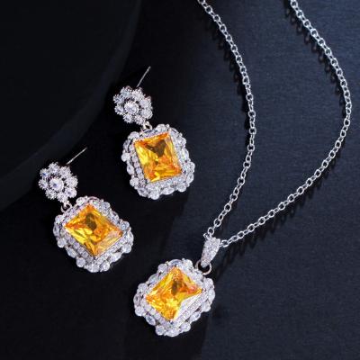 China Square Zircon Flower Fashion Jewelry Set Shiny Yellow Drop Earring Chain Link Sparkle Necklace For Women Seaside Daily Style for sale