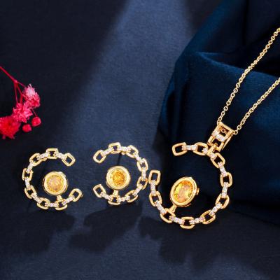 China Chic Round Glitter 18k Gold Plated Yellow Zircon Fashion Jewelry Set Stud Earring And Link Necklace For Girl Gift for sale