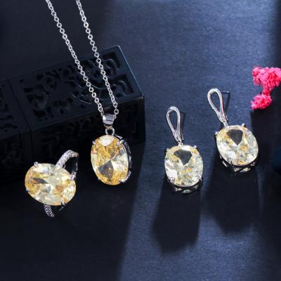 China Glitter 3 Pcs Jewelry Set Yellow Color Claw Setting Oval Cubic Zircon CZ Silver Plated Necklace Chain Earrings Ring For Women Travel for sale