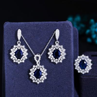 China Outstanding Multicolor Blue CZ Stone 3 pcs Sparkle Ring Earrings and Necklace Jewelry Set for Women's Costume Wedding Accessories for sale