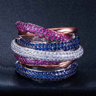 China Multi Layer Glitter Twisted Circles Colorful Zircon Black Gun Plated Chunky Hip Hop Big Ring For Women Engagement Jewelry for sale