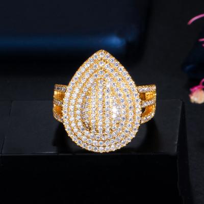 China Sparkling Shiny Micro Paved Cubic Zircon African Gold Filled Bridal Water Drop Big Dubai Rings Adjustable Designs For Women Engagement for sale