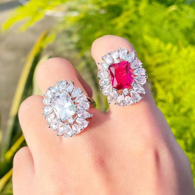 China Luxury Exquisite Silver Plated Zircon Bling Engagement Party Jewelry Big Sun Red Flower Luxury Finger Open Cuff Rings For Women for sale