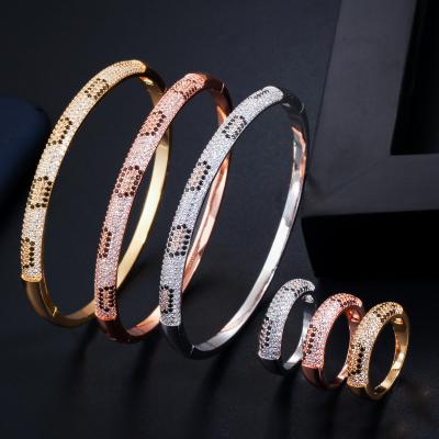 China Trendy Cubic Zircon Paved Rose Gold Cuff Bangle Open Bracelet and Ring Set Jewelry and Silver Leopard Color Snake for Women Gift for sale