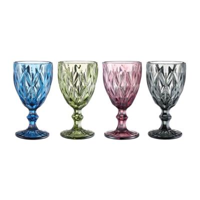 China Lead Free Soda Lime Glass Embossed Black Blue Pink Green Vintage Wine Glass Goblet for sale