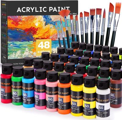 China Wholesale High Quality Nox-Toxic 48 Colors 60ml Acrylic Paint Nox-Toxic Bottle Set With 12 Pcs Paint Brush For Kids Painting for sale