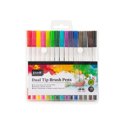 China Wholesale 15 Pcs Dual Tip Brush Painting/Drawing Marker Pens Art Markers for sale