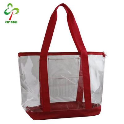 China China Online Women Beach Handled Transparent Plastic Bag, Large Clear PVC Tote Shopping Bag With Zipper Closure for sale