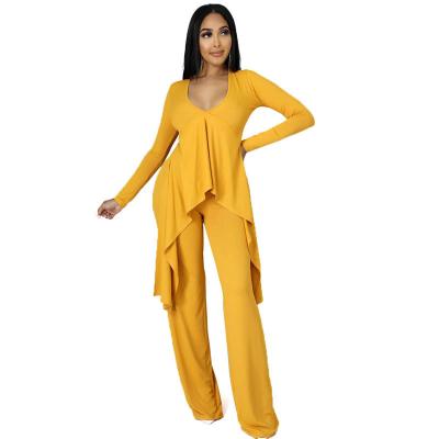 China Anti-pilling Autumn Suit Fashion Ruffle Top Sets Solid Two Piece V Neck Casual Set For Women for sale