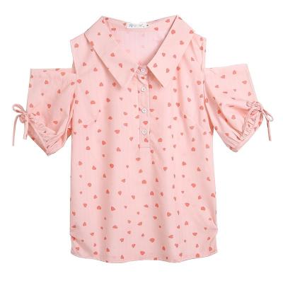 China Breathable Small Pink Dot Girls White Spring Autumn Blouse Female Shirt Bow Tops Elegant Ruffle Half Sleeve Flare Tops Blouse Solid Color for sale