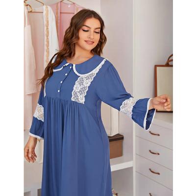 China Breathable Plus Size Sleepwear Women Peter Pan Collar Lace Detail Nightgown Wholesale Loose Cute Ladies Nightgown for sale