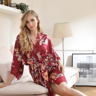 China Breathable Satin Floral Print Long Robe Luxury Women Dressing Gown Elegant Wedding Pajamas for sale