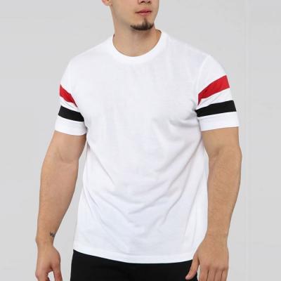 China Custom Printing Striped Sleeve T-shirts Camiseta Anti-pilling Men Short Sleeve Loose Round Neck White T-shirt for sale