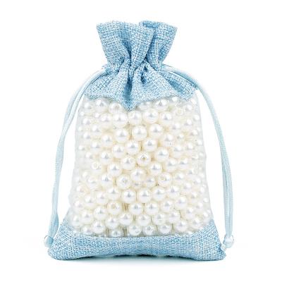 China Fashionable .eco-friendly 10*14CM gift bag with window sky blue birthday wedding party candy bag jewelry jute gift drawstring clear natural canvas pouch for sale