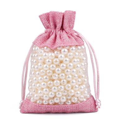 China Fashionable .eco-friendly 10*14CM gift bag with window light pink birthday wedding party candy bag jewelry jute gift drawstring natural canvas pouch for sale