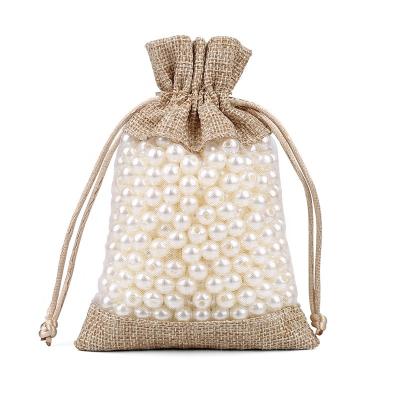 China Fashionable .eco-friendly 10*14CM Gift Bag With Clear Window Brown Birthday Wedding Party Candy Bag Jewelry Jute Gift Drawstring Natural Canvas Pouch for sale