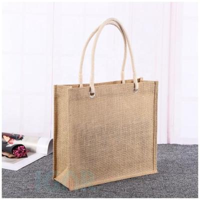 China Standard Size Eco-friendly Natural Screen Printed Burlap Hessian Shopping Bag Hessian Tote Bag With Rope Handle 35x32x12cm for sale