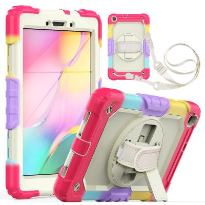 China Pretty Rainbow Color Heavy Duty Hand Strap Plastic Kickstand Tablet Case For Samsung Galaxy Tab A 8.0 T290 T295 Cover Device for sale