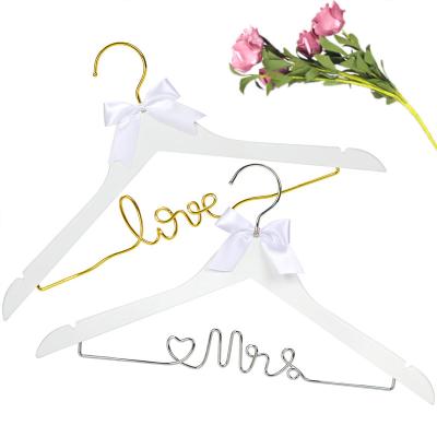 China Luxury Custom Morden Logo Metal and Wooden Wedding Gift Bridal Dress Hanger for Bride for sale