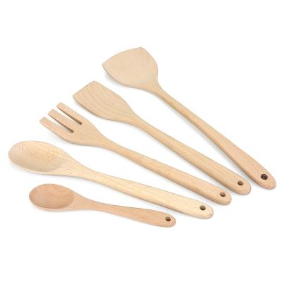 China Beech Wood Sustainable High Quality Kitchen Tools Wooden Flat Soup Spoon Spatula Cookware Set for sale