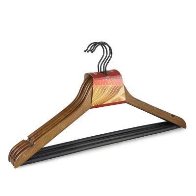 China Morden Luxury Wholesale Hook Antique Wooden Supermarket Black Hangers With Non Slip Trouser Bar for sale