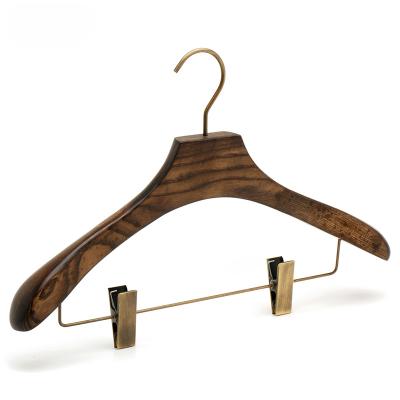 China Vintage Color Antique Brass Adjustable Clips Wooden Coat Suit Hangers for sale