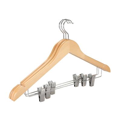 China Modern Natural Pant Hanger Wooden Suit Hangers with Chrome Clips for sale