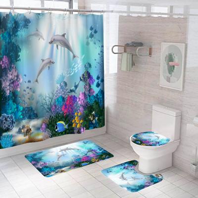 China Sustainable Waterproof Bathroom Sets Brand Ocean Polyester Animal Covers Set For American Bathroom Shower Curtain Designer for sale