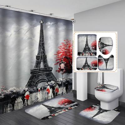 China Viable Bathroom Sets With Shower Curtain Designer Modern Camper Suit Waterproof Paint Sets With Gray Stripe Tassel Fringe Covers for sale