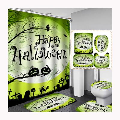 China Sustainable Wholesale Polyester Waterproof Halloween Pumpkin Kids Festival Cat Sunflower Print Bathroom Four-Piece Sets Novelty Shower Curtain for sale