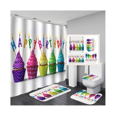 China Viable Wholesale Designer Cake Birthday Party Candle Cartoon Kids Holiday Shower Curtain Four-Piece Set for sale