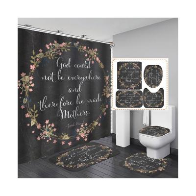 China Stocked Brand Wholesale Polyester Waterproof Simple Texts Black Bathroom With Hook Shower Curtain for sale