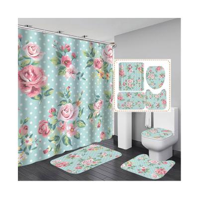 China Viable Wholesale Retro Modern Flower Chinese Tulip Plant Natural Bathroom Shower Curtain Four-piece Set With Hook for sale