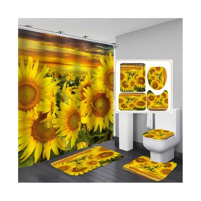 China Sustainable Factory Wholesale Retro Modern Autumn Summer Sunflower Rose Gold Shower Curtain Four-Piece Set With Hook for sale