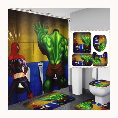 China Wholesale Superman Carcass Avengers Cartoon Kids Bathroom Bedroom Decor Polyester Shower Curtain Viable Four-Piece Set With Hook for sale