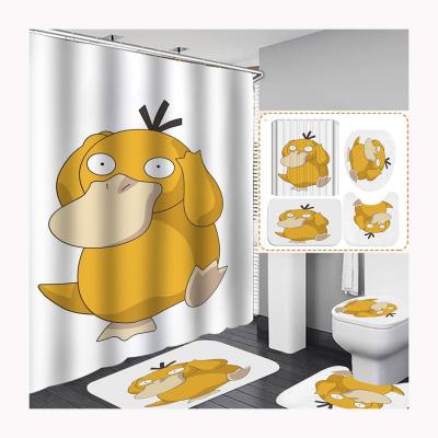 China Viable Wholesale Four-Piece Of Minions Polyester Pikachu Duck Customized Movie Yellow Duck Kids Shower Curtain Set With Hooks for sale