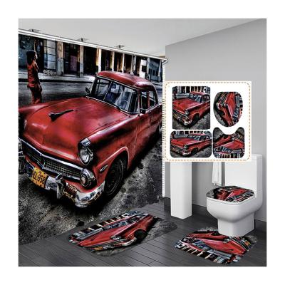 China Factory Wholesale Viable Designer Sports Car Road Boy Bathroom Fancy Black Fabric Shower Curtain Four-Piece Set for sale