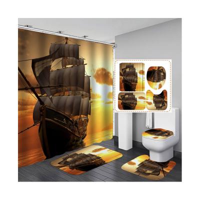 China Factory Designer Sustainable Sailing Cruise Ship Seascape River Hawaii Africa Bathroom Shower Curtain Four-Piece Set With Hook for sale