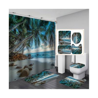 China Wholesale Cheap Natural Landscape Waterfall Snow Mountain Night View Forest Buddha Bathroom Shower Curtain Four-piece Set for sale