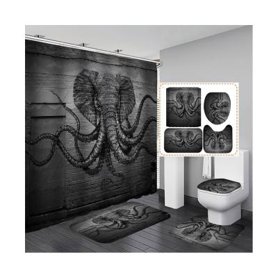 China Wholesale Custom Modern Designer Sea Fish Elephant Black And White Viable Cartoon Animal Shower Curtain Set Of 4 Pieces With Hook for sale