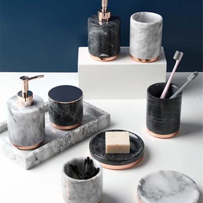 China Sustainable Luxury High End Black White Washroom Accessories 4 Pieces Set Marble Accessory Bathroom Sets For Hotel Home for sale